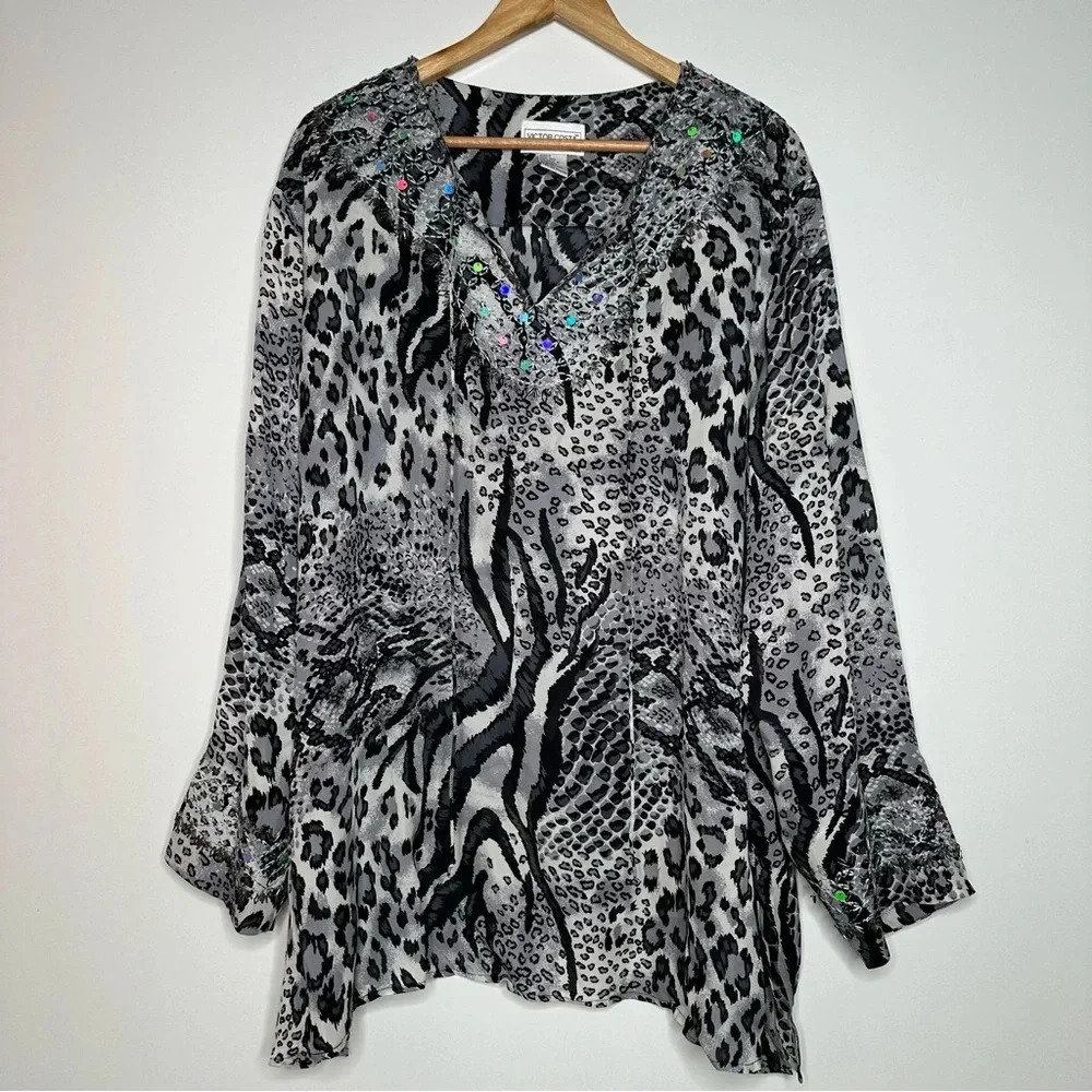 Victor Costa Silk Embellished Animal Print Blouse Size 3X